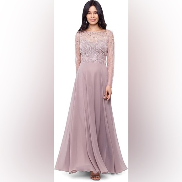 Xscape Evenings Long Chiffon Dress with Illusion Sequin Long Sleeves (Blush) - Picture 2 of 11